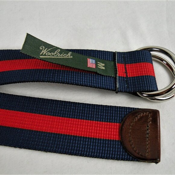 NEW Woolrich Men’s Red Blue Stripe Belt, D Ring, size Medium - Picture 1 of 2